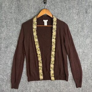 Cache Womens Brown Embroidered Floral Sequin Trim Angora Cashmere Cardigan M